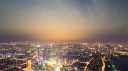 aerial view of the bright lights of the metropolis at night in shanghai